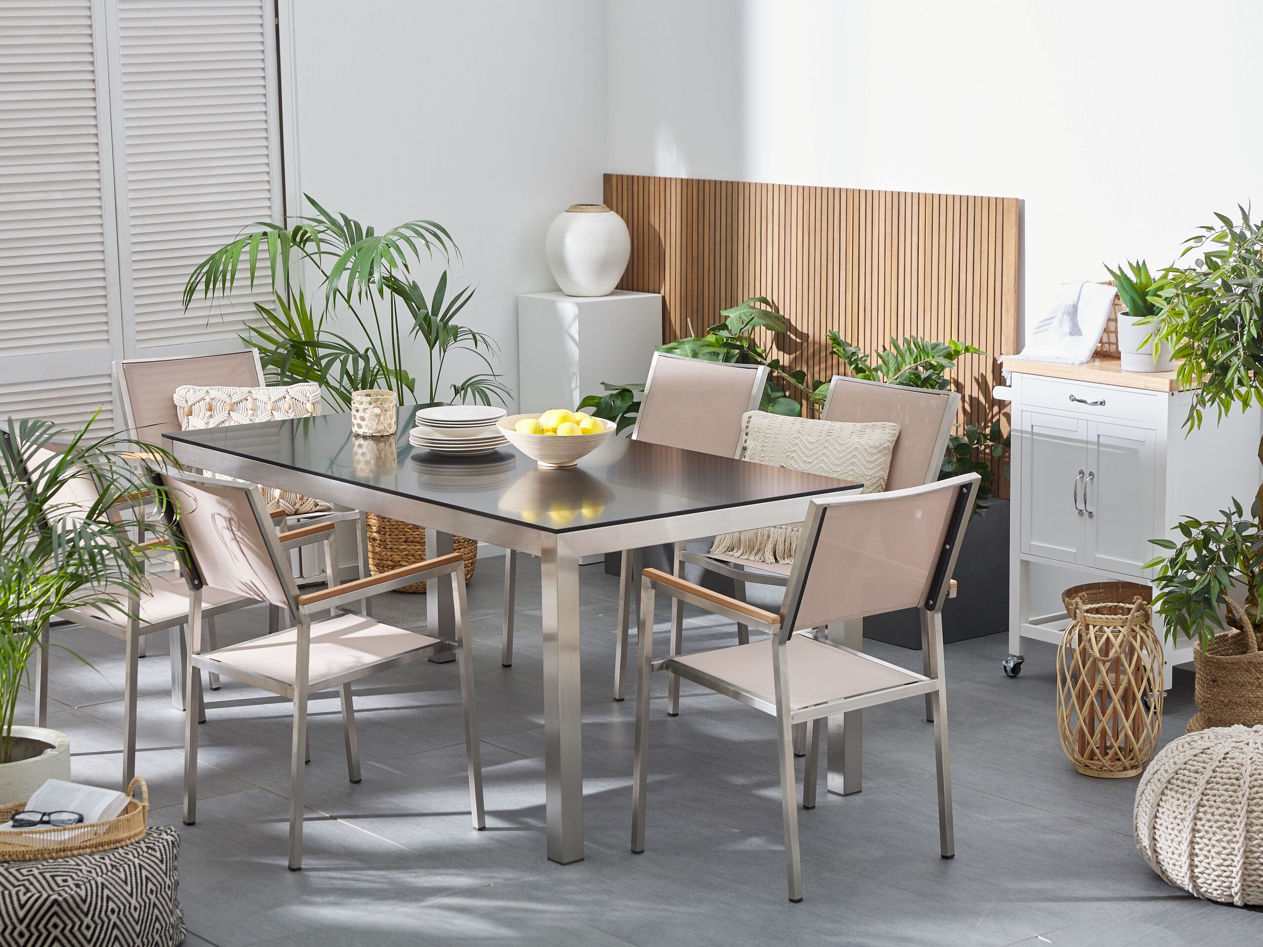 Conjunto de comedor exterior 6 plazas grosseto vidrio templado negro/beige