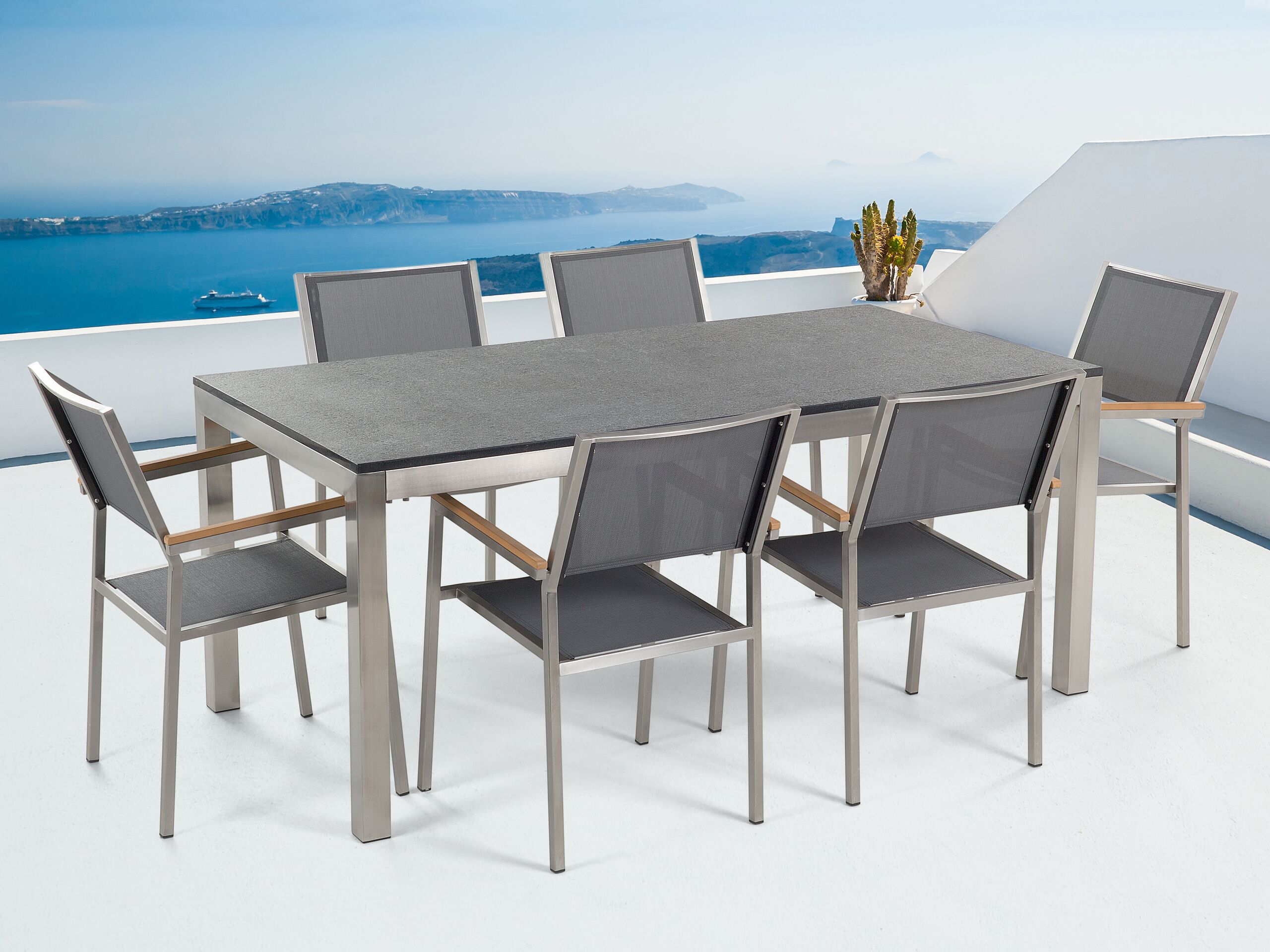 Conjunto de comedor exterior 6 plazas grosseto granito flameado negro/gris