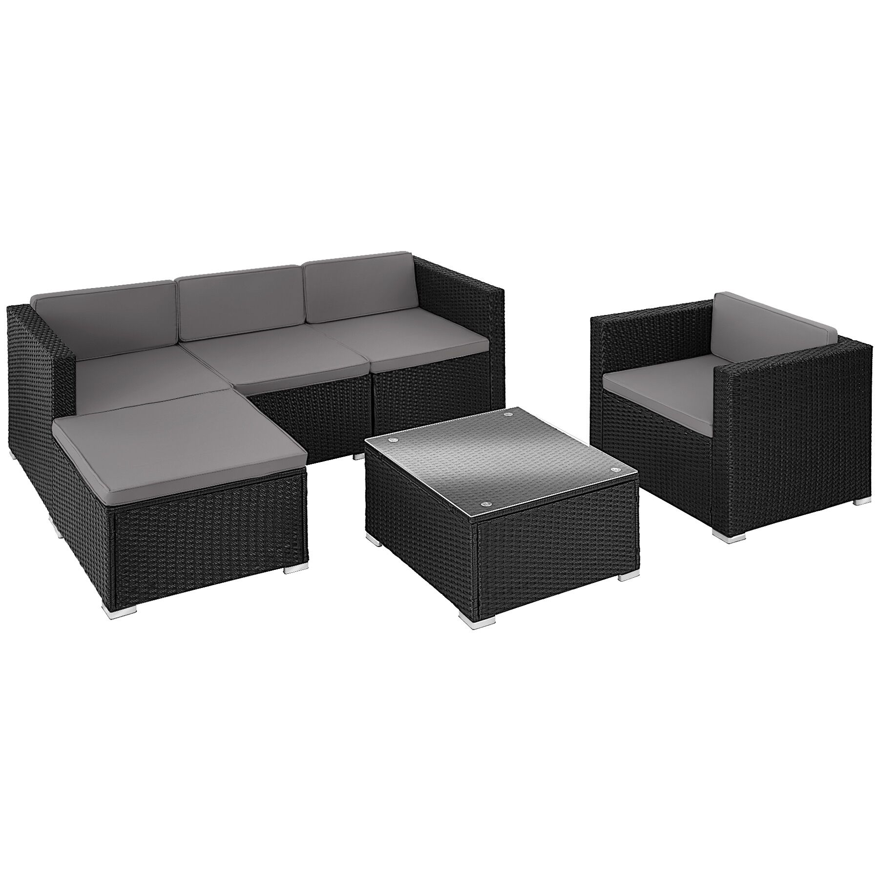 Conjunto de ratán con tablero de vidrio y protección uva, negro