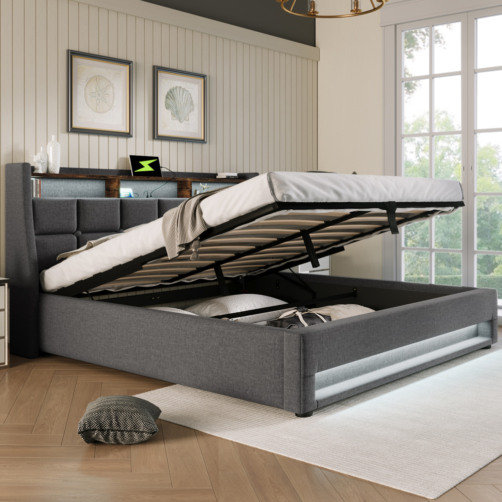 Cama de lino 160x200cm con luz LED y carga usb – gris