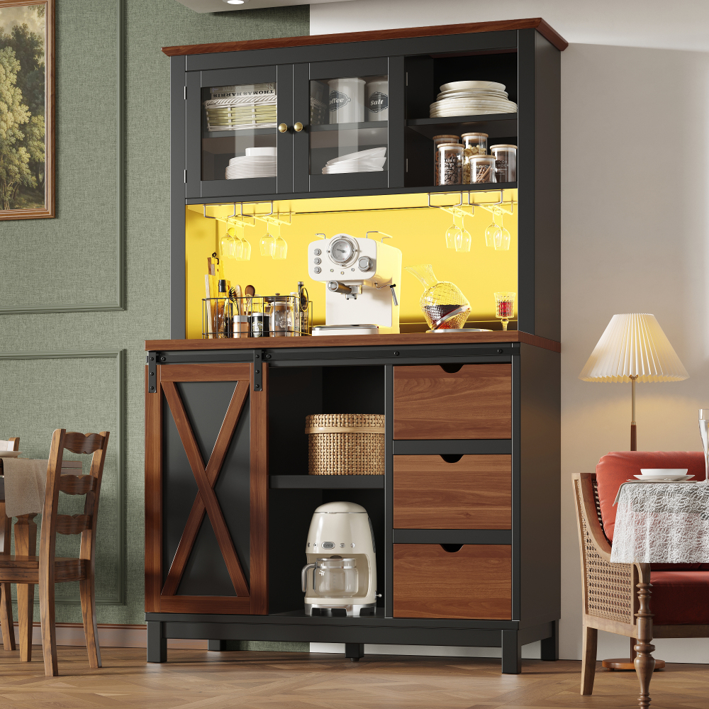 Alacena de cocina con puerta corredera de cristal y LED negra 180x104x40cm
