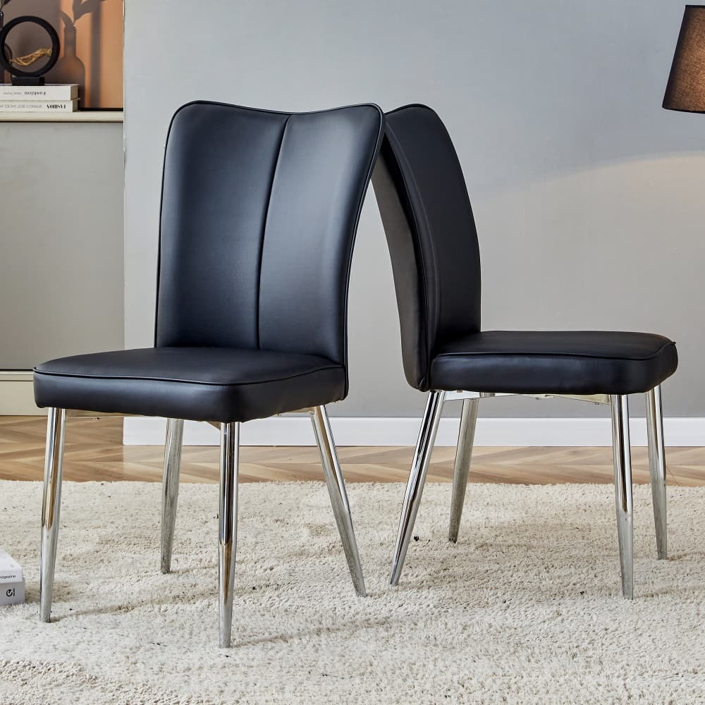 Silla de comedor piel sintética negra set de 2 con patas plateadas