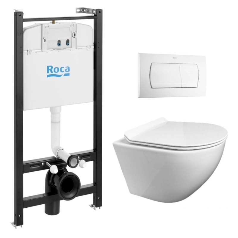 Pack cisterna roca active y pulsador blanco brillo con wc round de kp