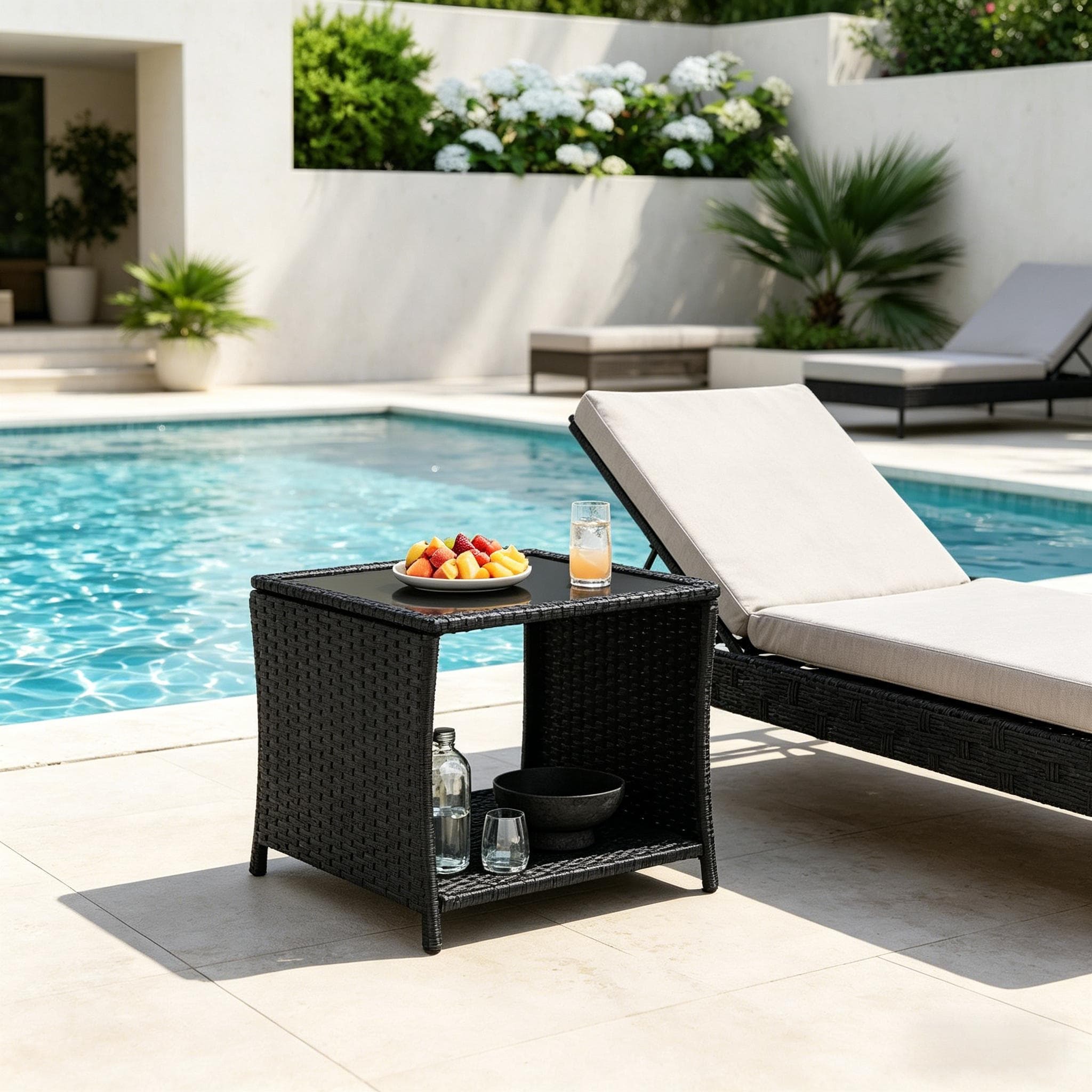 Mesa auxiliar para jardín y balcón ratán negro 40x45x45cm