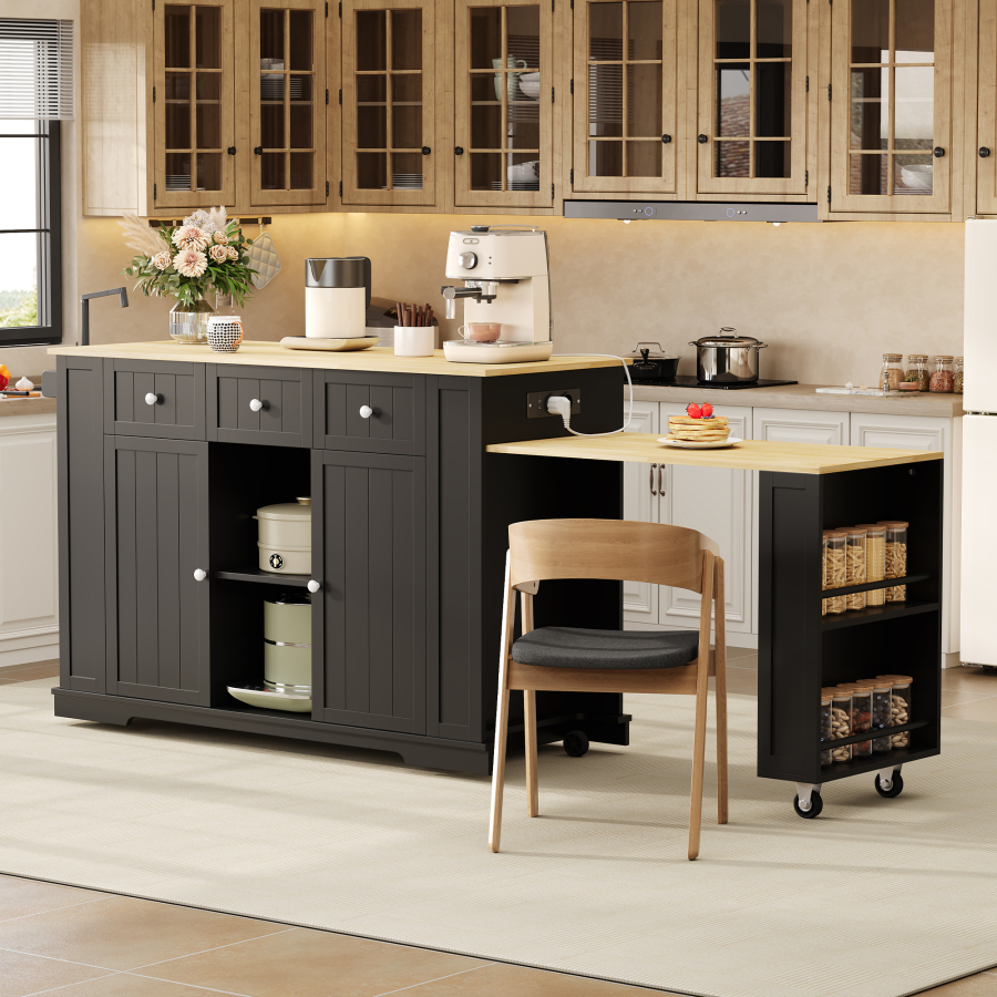 Isla de cocina con mesa extraíble 2 puertas 2 cajones negro 93x138x55cm