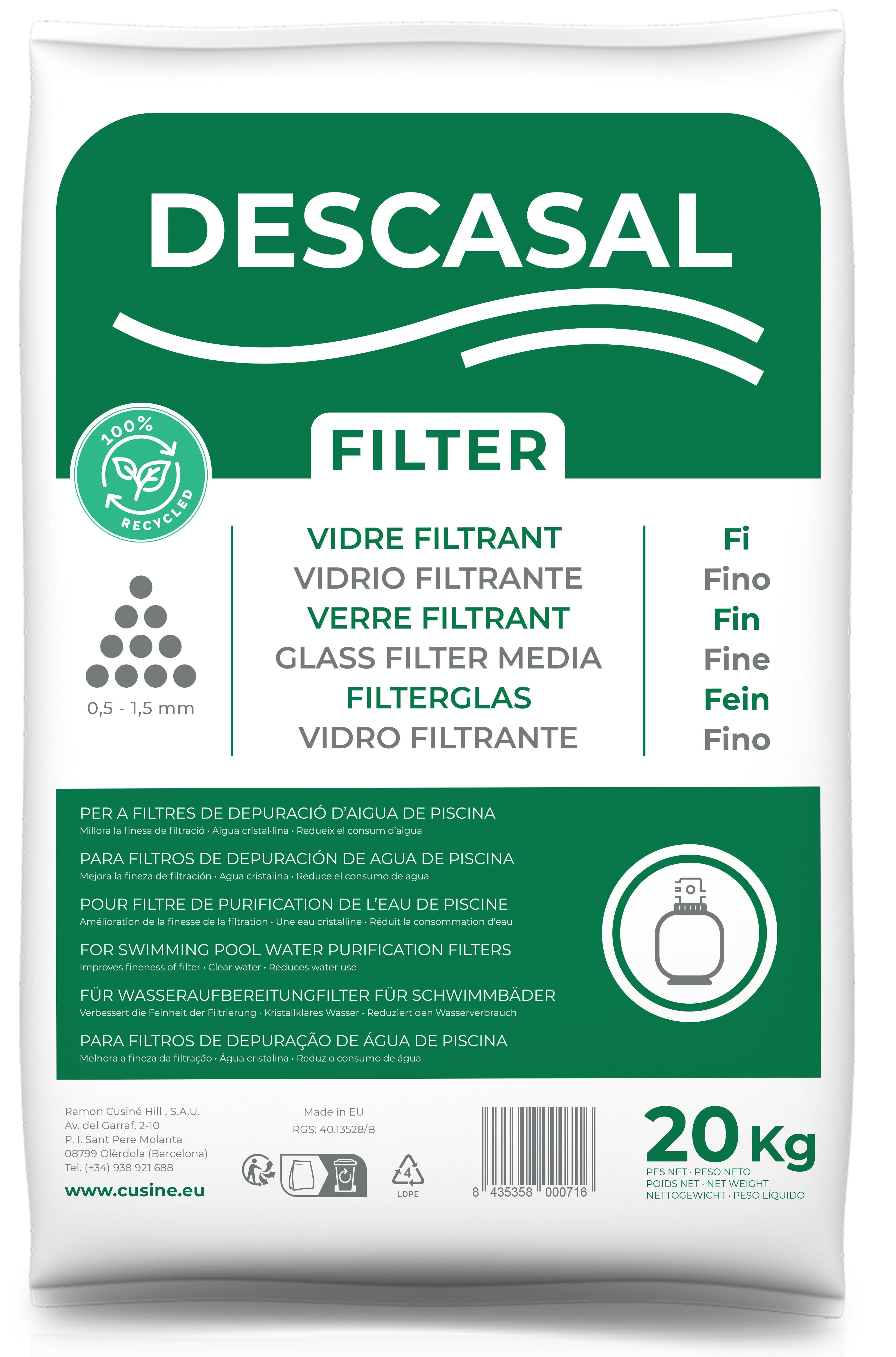 Saco de vidrio filtrante Descasal 20kg