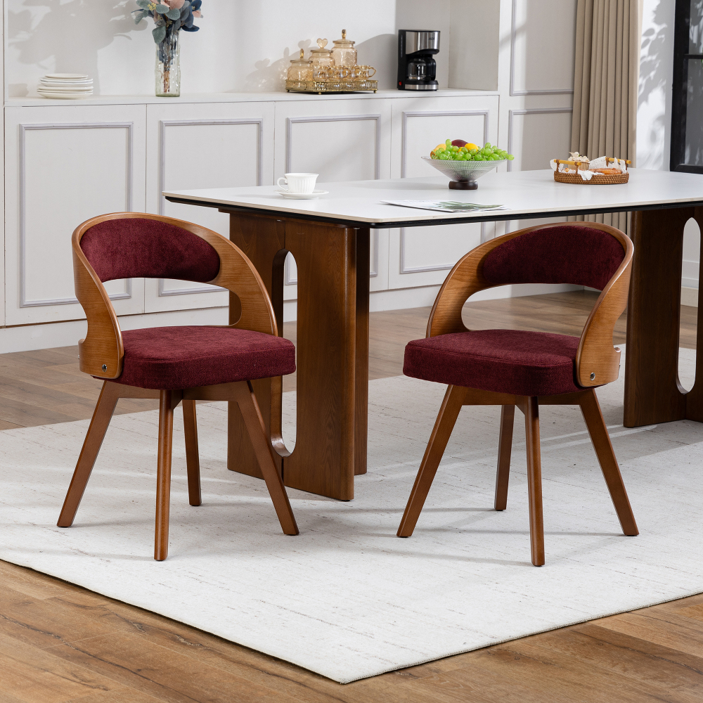 Silla de comedor giratoria de lino rojo vino con respaldo curvo