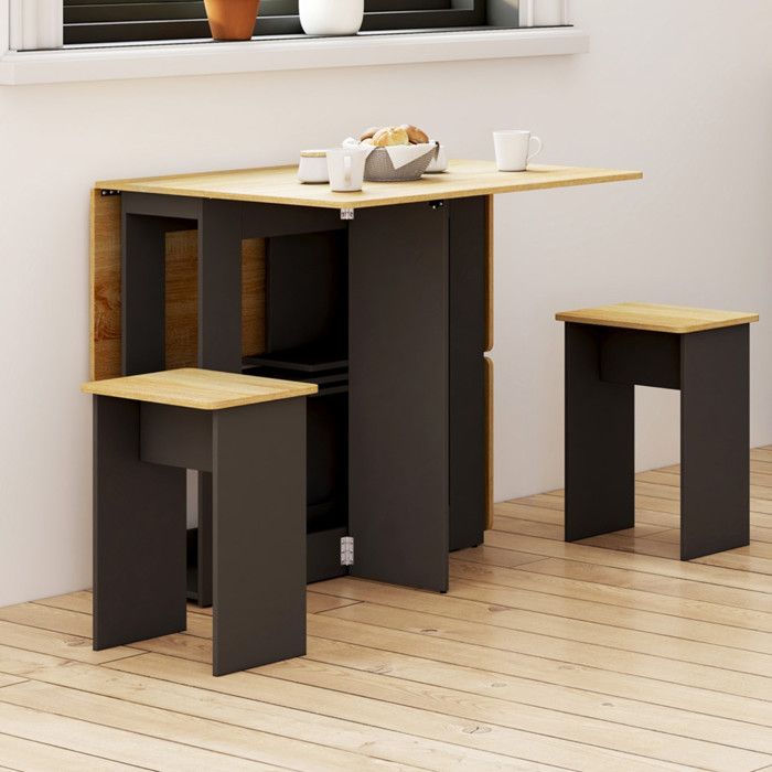 Mesa plegable - negra y madera - 4 taburetes - 103 cm