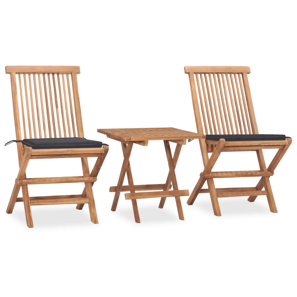 vidaXL set comedor de jardín plegable 3 piezas madera de teca cojines