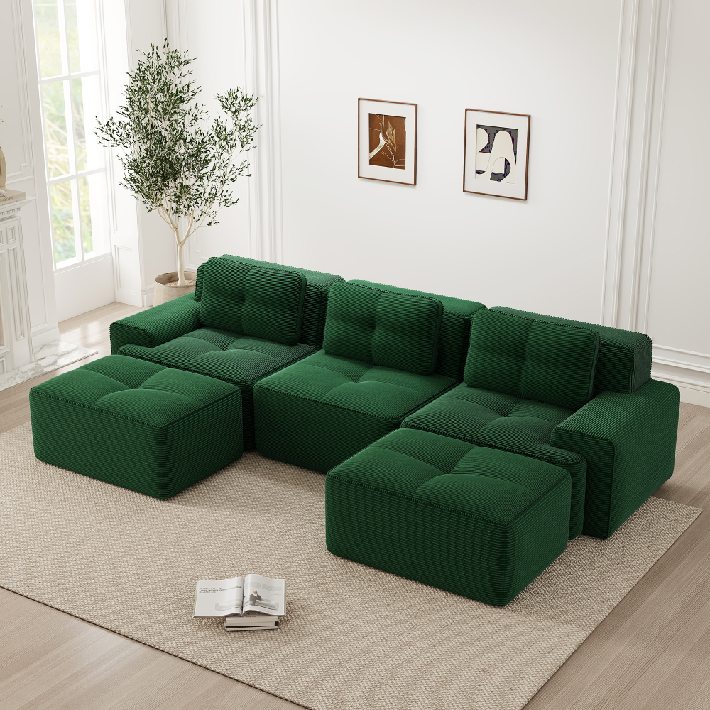 Sofá modular en u de pana verde asiento profundo sin montaje