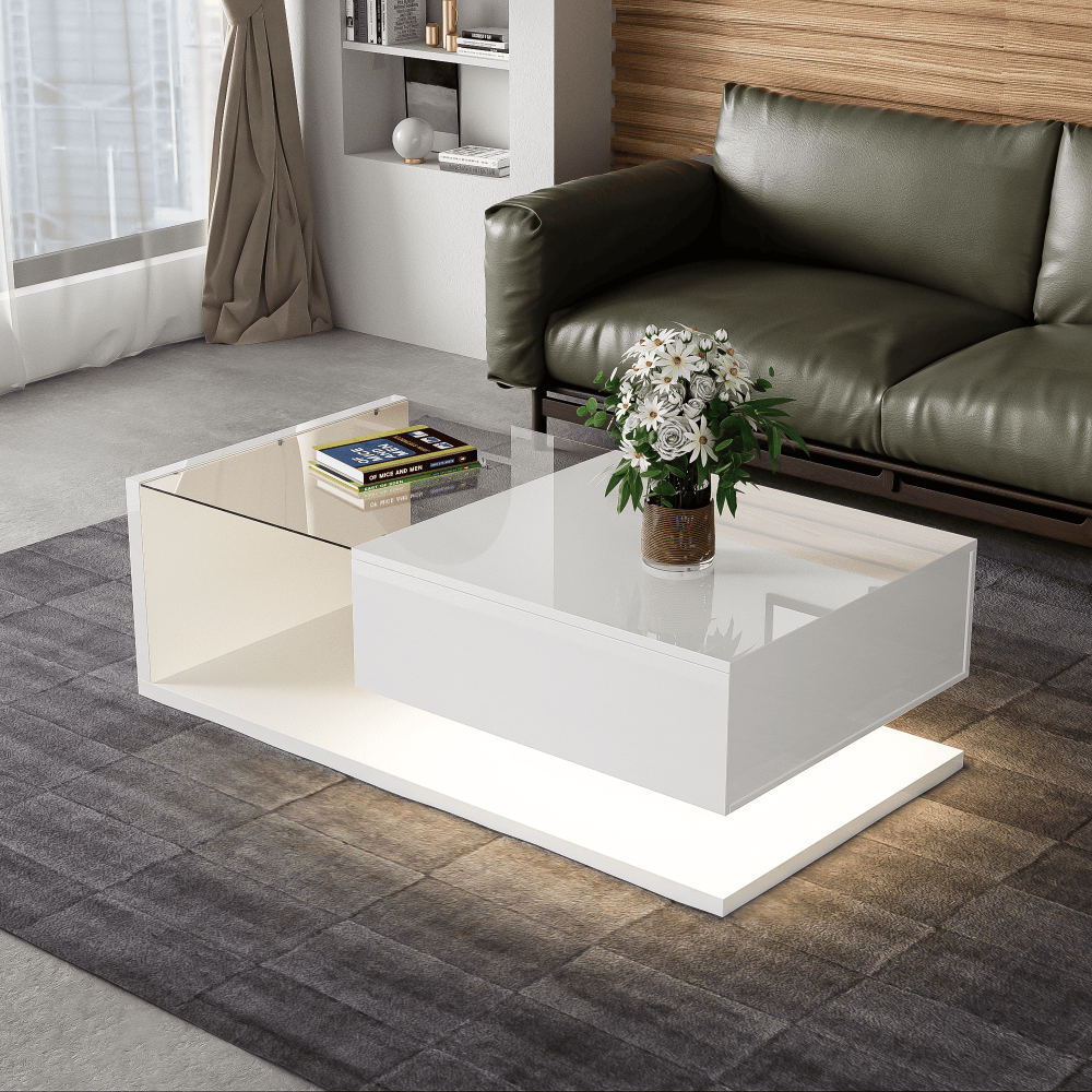 Mesa de centro para salón aglomerado blanco brillo 32,5x105x55cm
