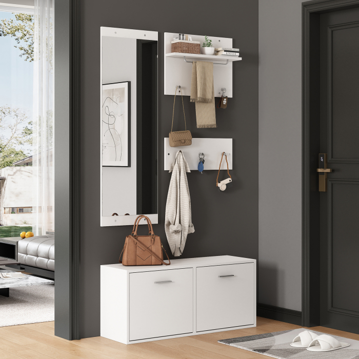Mueble recibidor con espejo y zapatero 4 piezas blanco 41.5x90x30cm