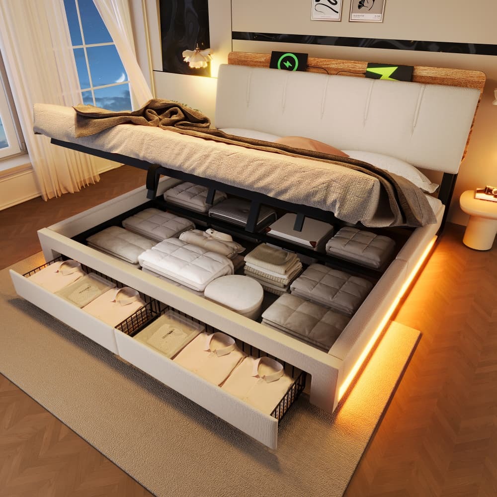 Cama tapizada 180x200cm con almacenaje hidráulico usb LED lino