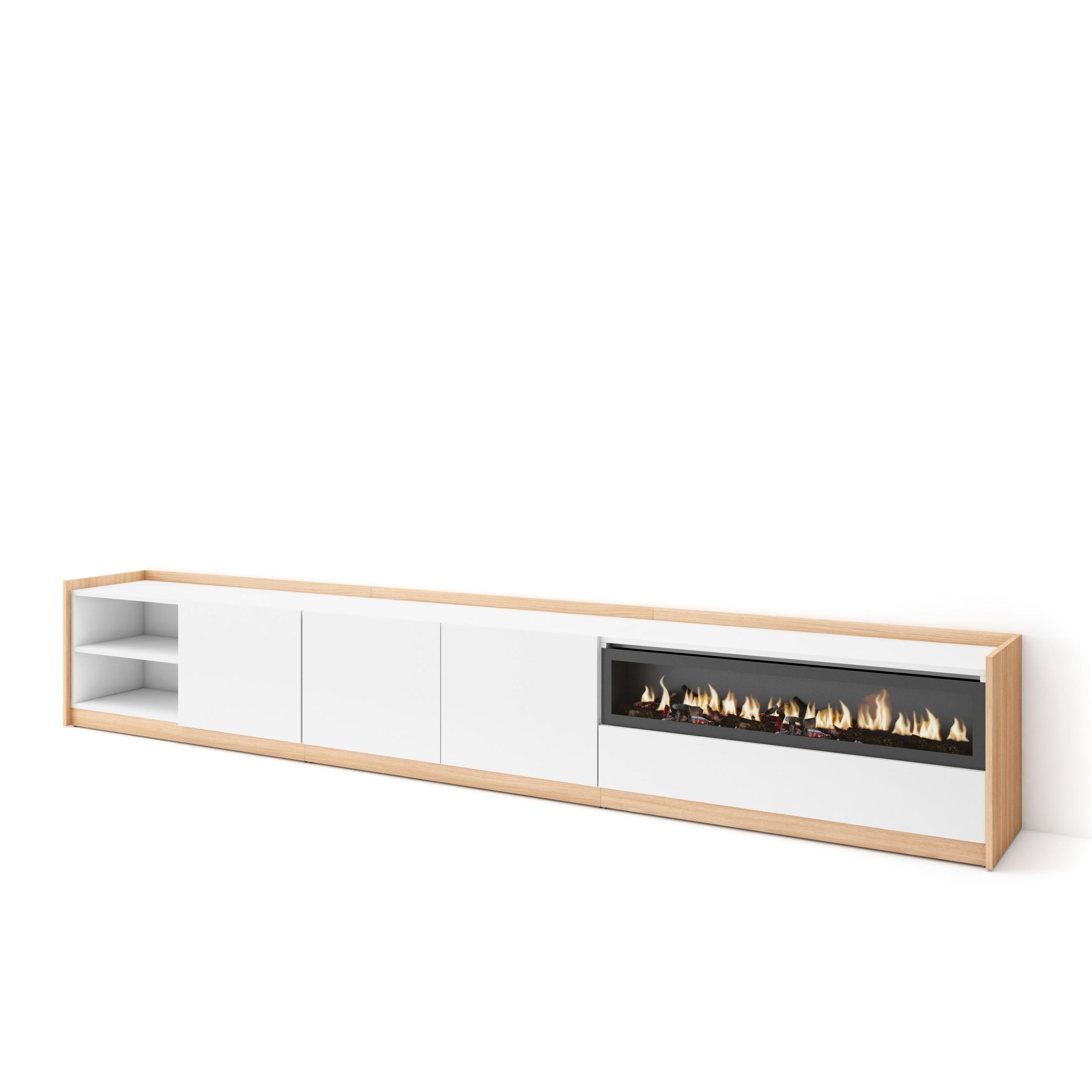 Mueble tv, 310x37x50cm, blanco y roble soft, chimenea eléctrica rf4333