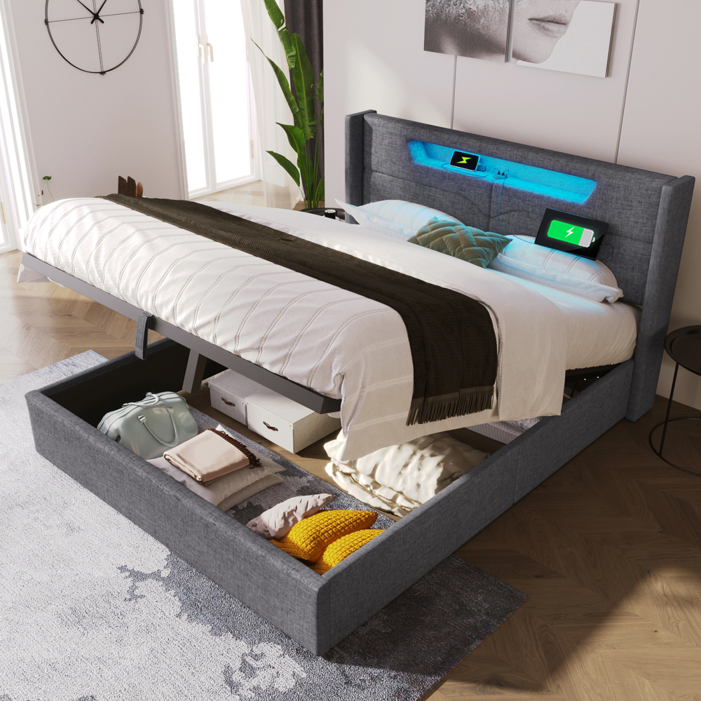 Cama tapizada 160x200cm con LED, usb y canapé de almacenamiento lino – gris