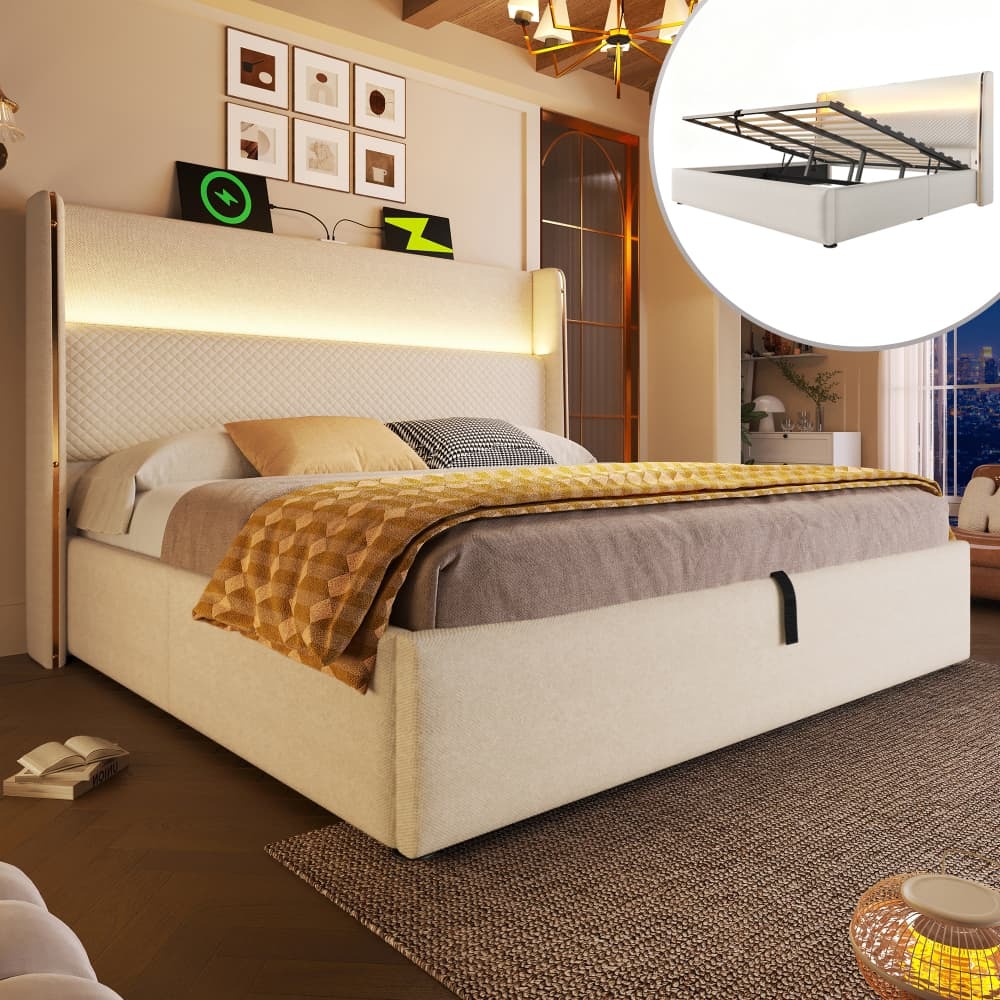 Cama tapizada 160x200 cm con canapé, LED y usb tipo c lino – color beige