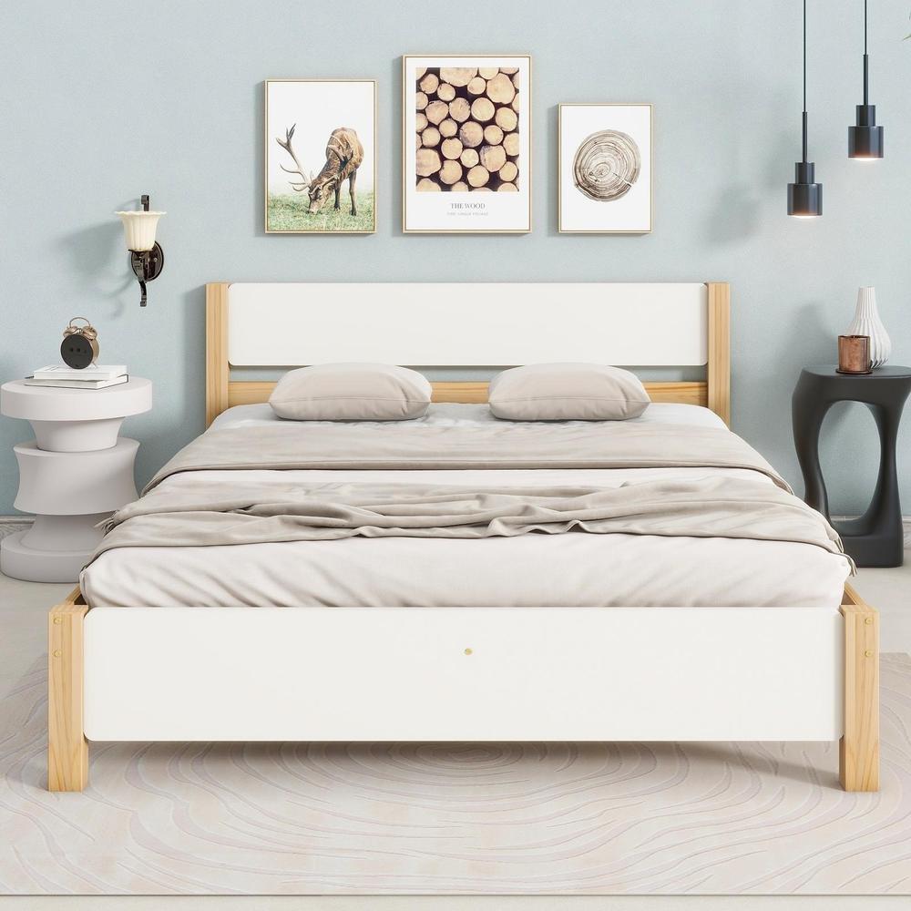 Cama doble 140x200 blanca madera con cabecero y 15 lamas