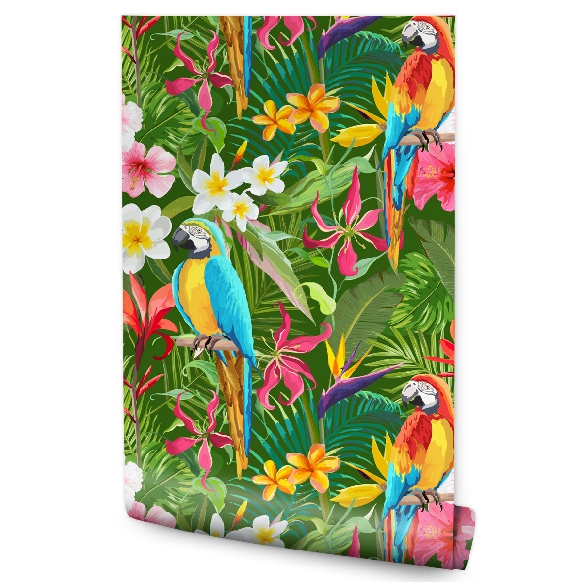 Papel Pintado Dormitorio Con Periquitos Flores Tropicales Hojas 53cm x 10m