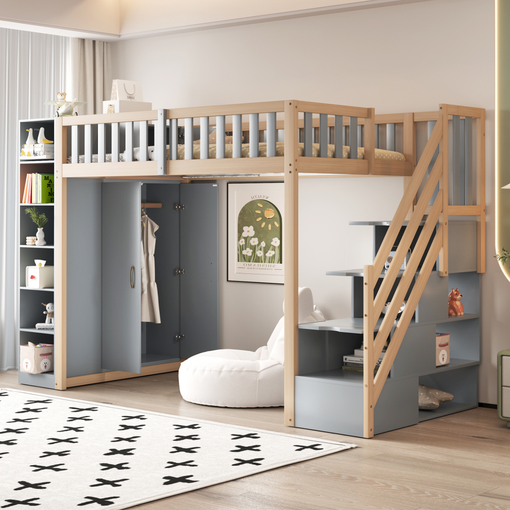 Cama alta 90x200cm con armario, estantes y almacenaje madera gris y natural