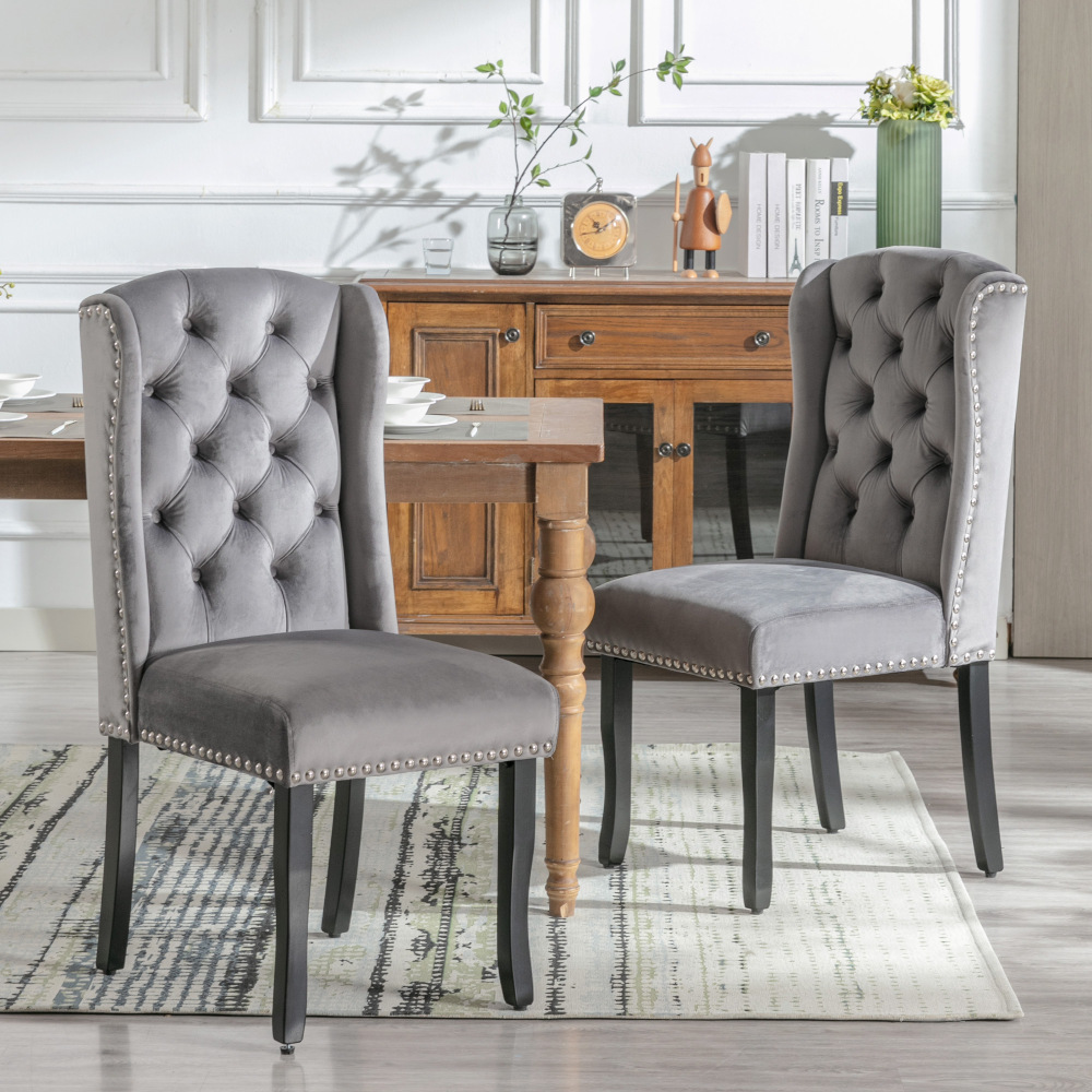 Silla de comedor terciopelo gris set 2 con patas roble y tachuelas