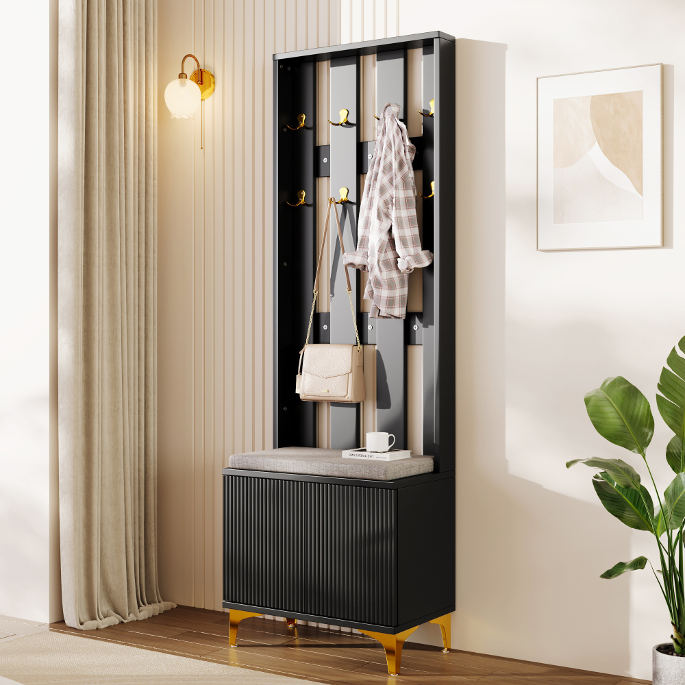 Mueble recibidor con banco y 1 puerta negro y dorado 181x61x35cm