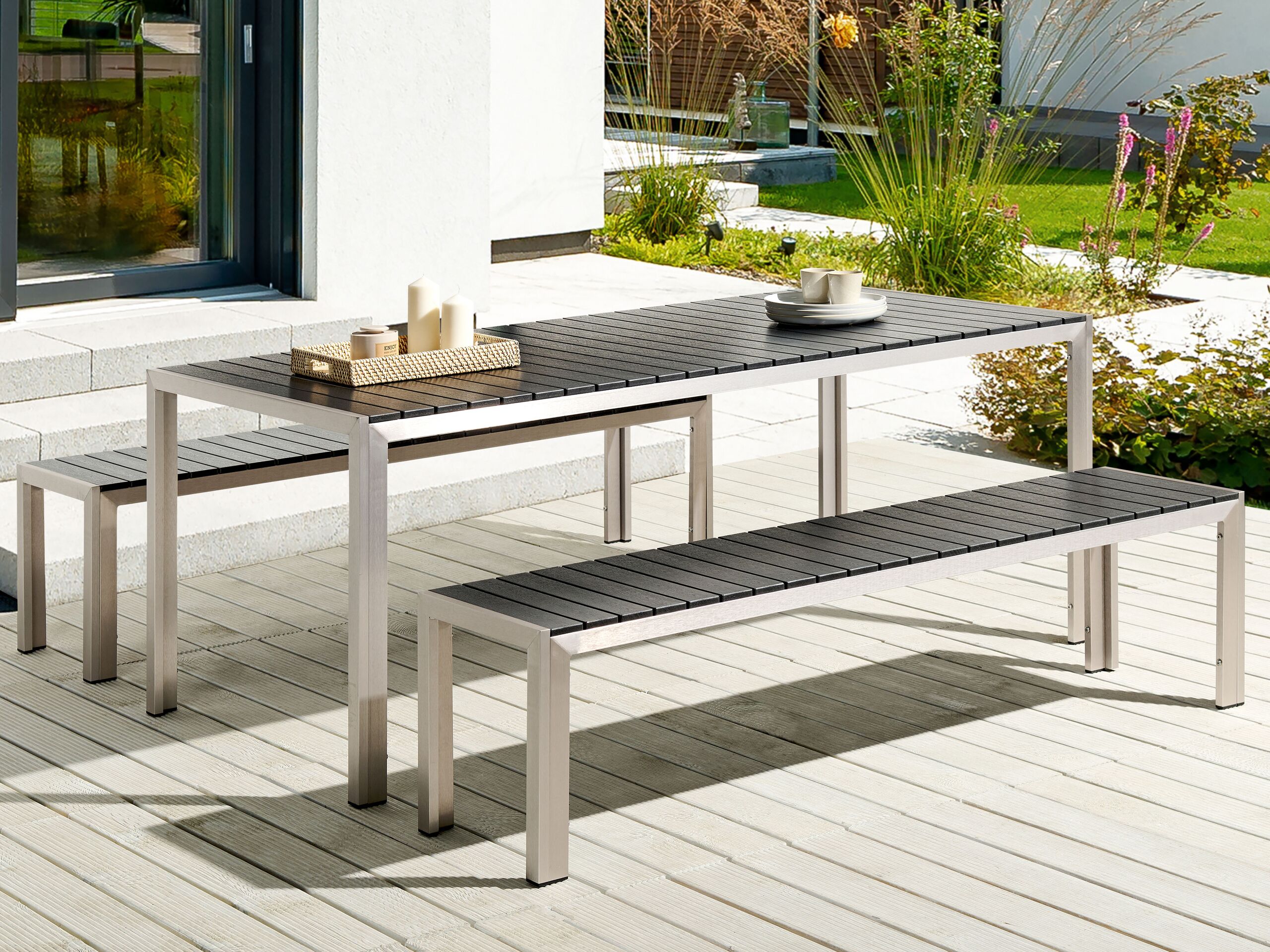 Conjunto de comedor exterior con bancos 6 plazas nardo negro/plateado