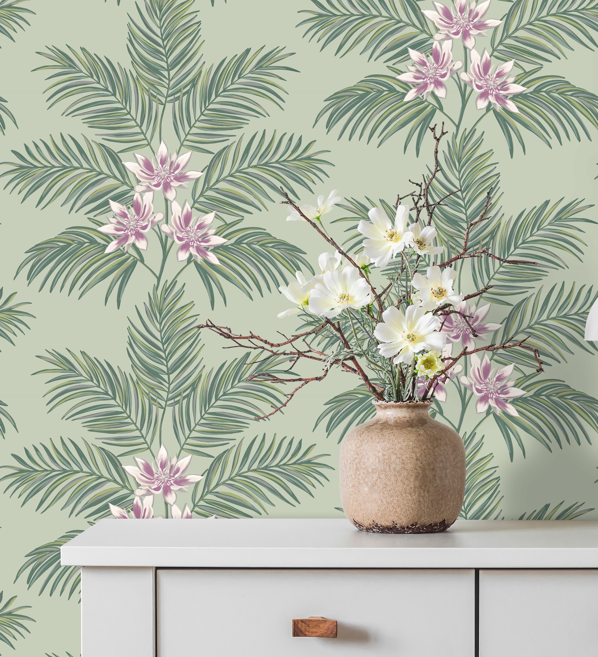 Papel pintado gaulan de hojas de palmera con flores estilo 5.33m²