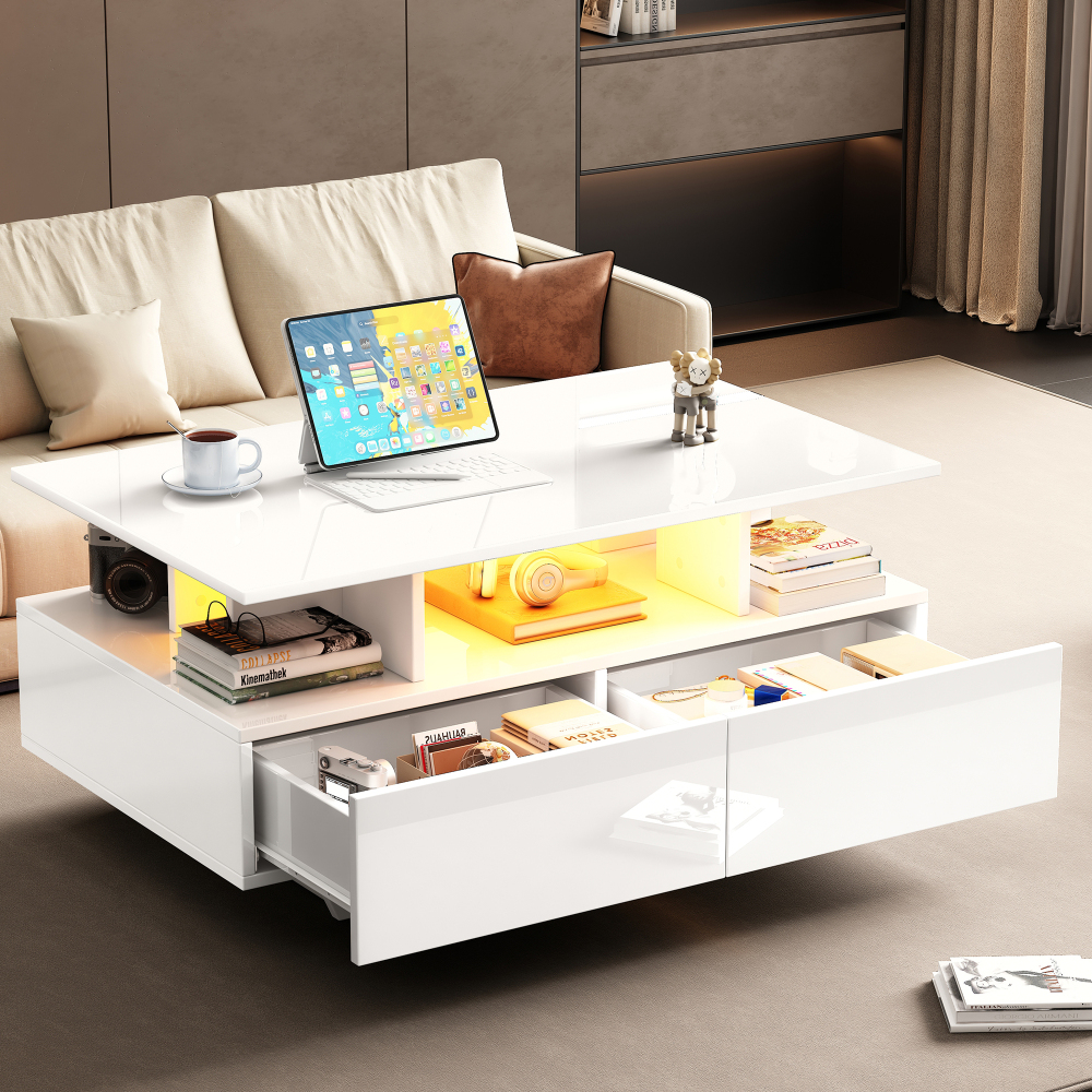 Mesa de centro con LED y 2 cajones blanco 41x90x55cm