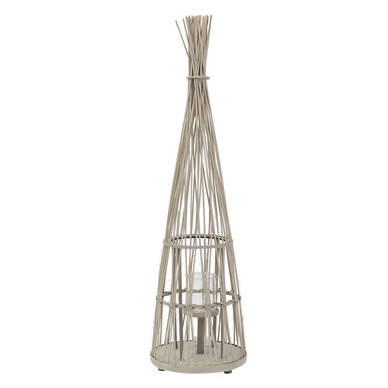 Linterna de bambú 110 cm altura, madera natural portavelas con luz LED