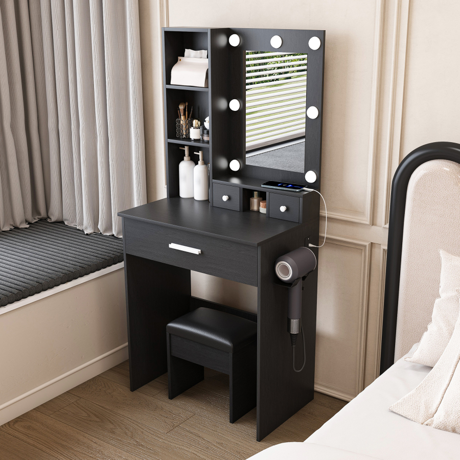 Tocador con espejo LED y taburete acolchado mdf negro 131,5x60x38cm
