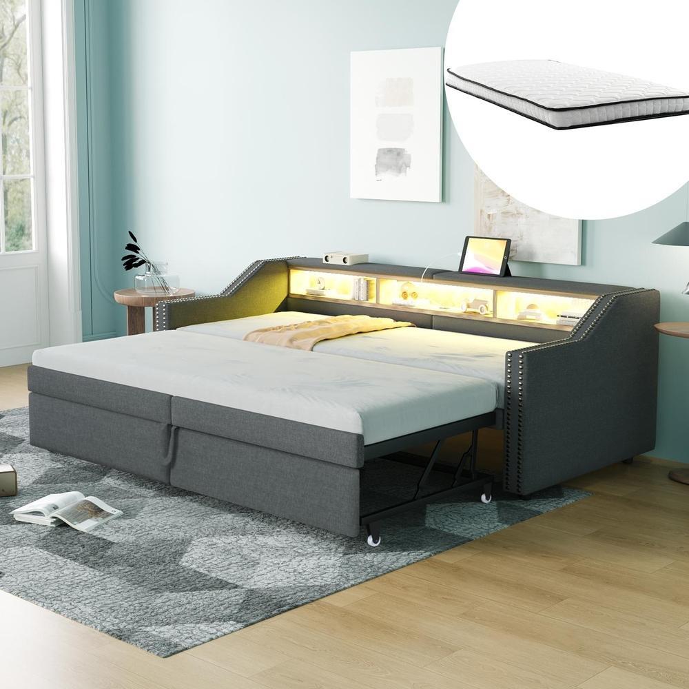 Sofá cama extensible 90x200/180x200 con LED y usb, gris oscuro