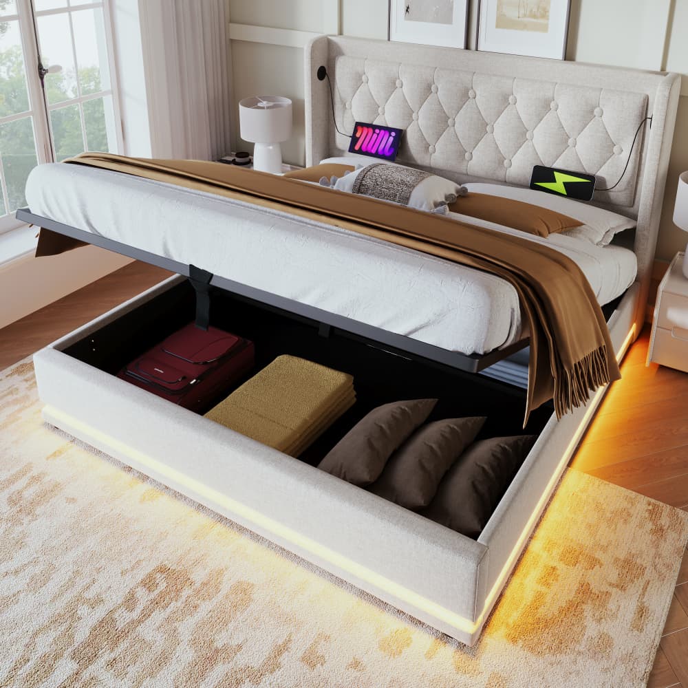 Cama tapizada 180x200cm con canapé hidráulico y usb-c algodón – beige