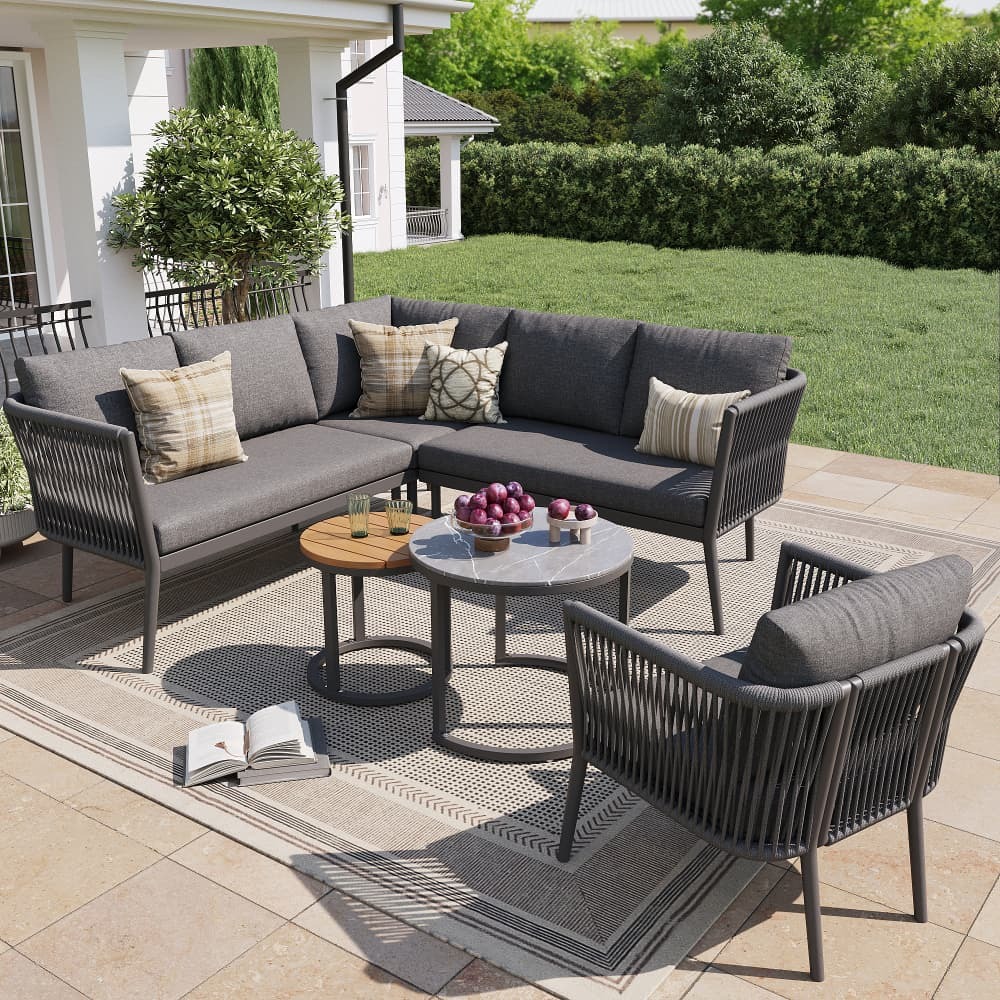 Conjunto sofá jardín modular metal y olefina gris 5-6 plazas 2 mesas