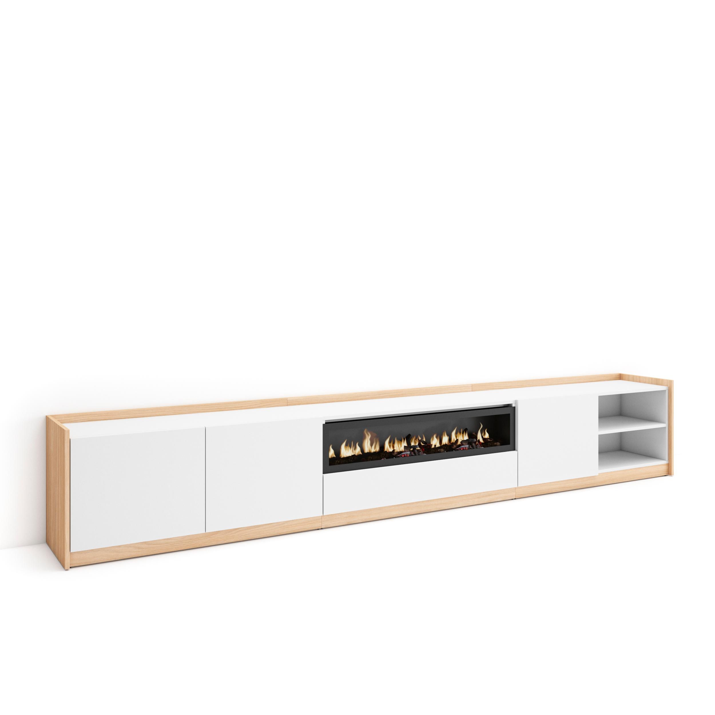 Mueble tv, 310x37x50cm, blanco y roble soft, chimenea eléctrica rf4329