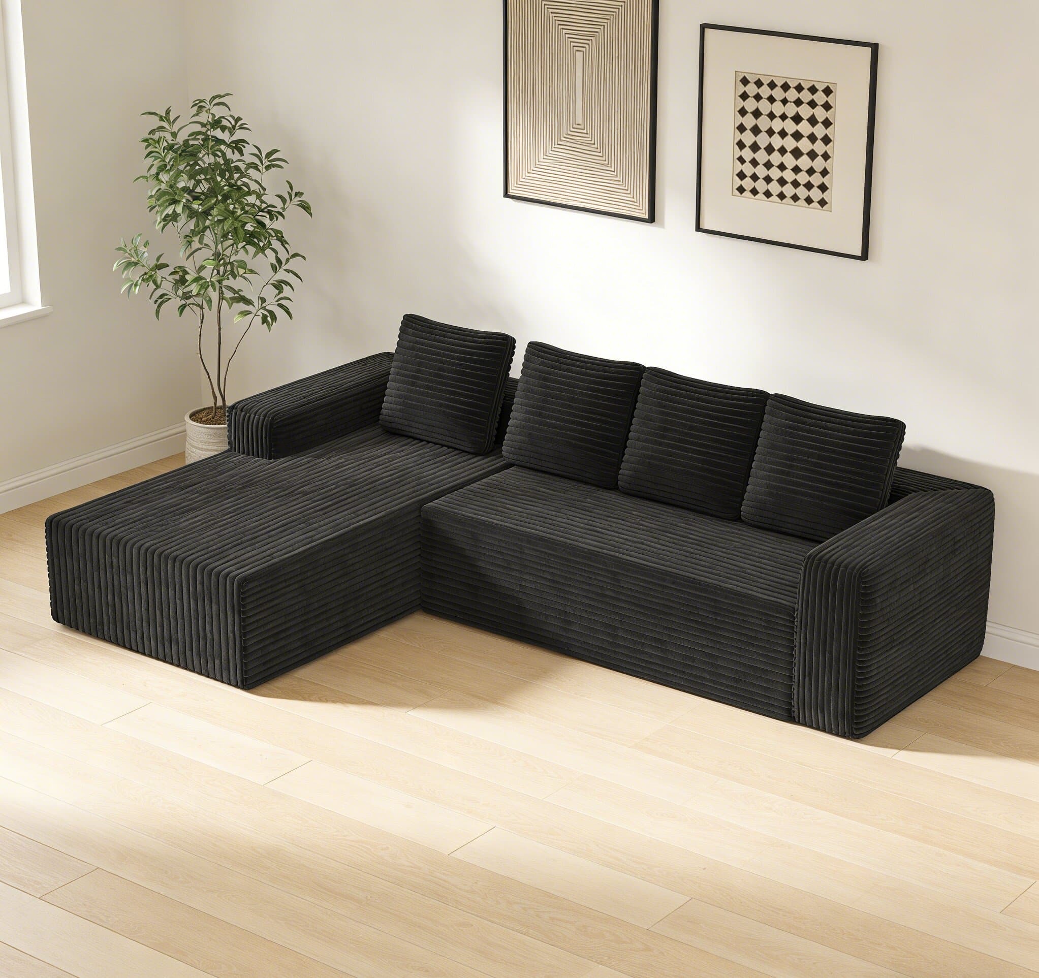 Sofá modular en l pana negra 3 plazas con chaise longue reversible