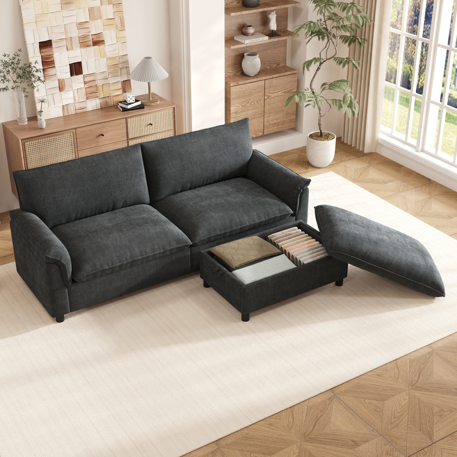 Sofá modular de chenilla negro con otomana y función cama 216x77x82cm