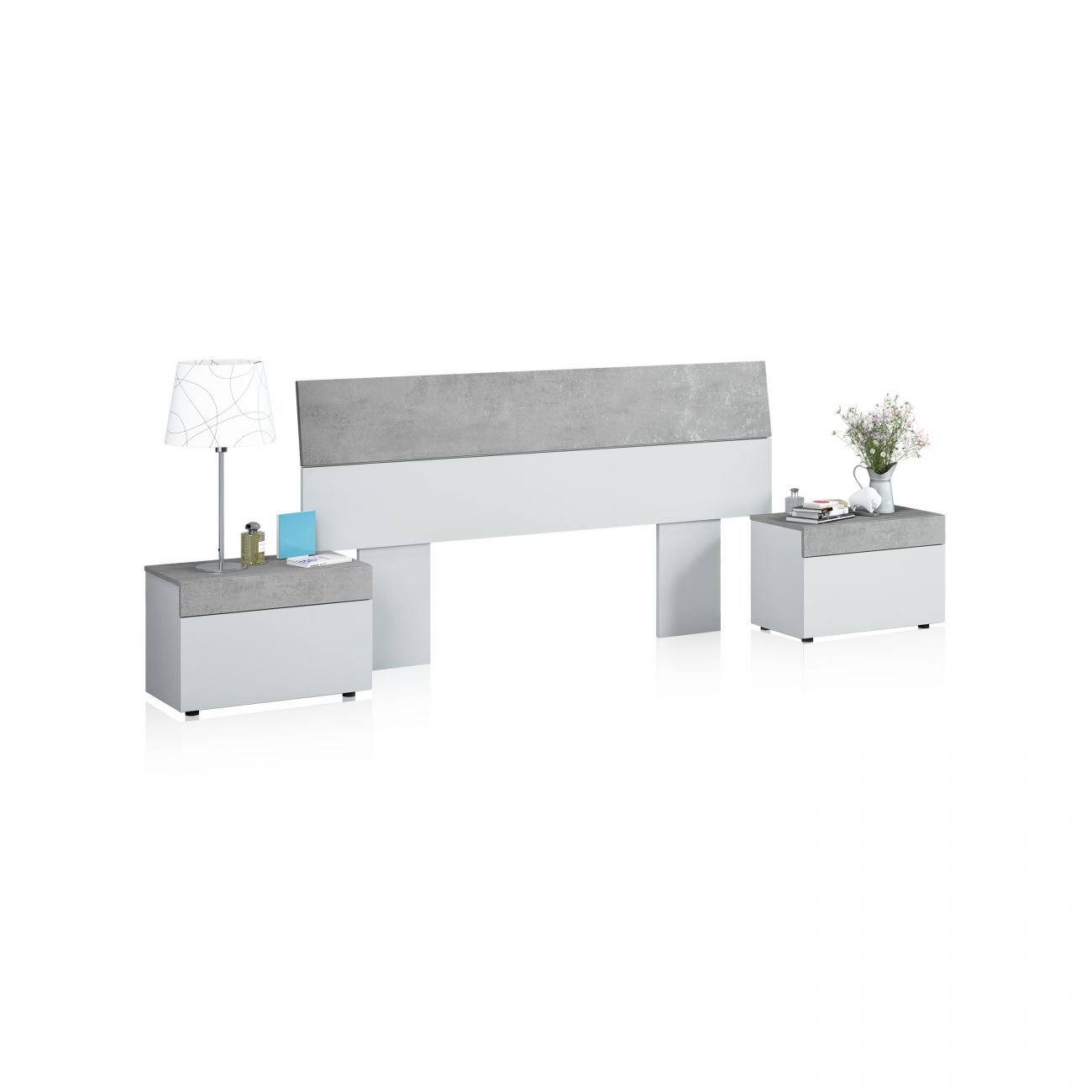 Cabecero para cama de 135-150 cm y 2 mesitas con cajón tekkan blanco - gris