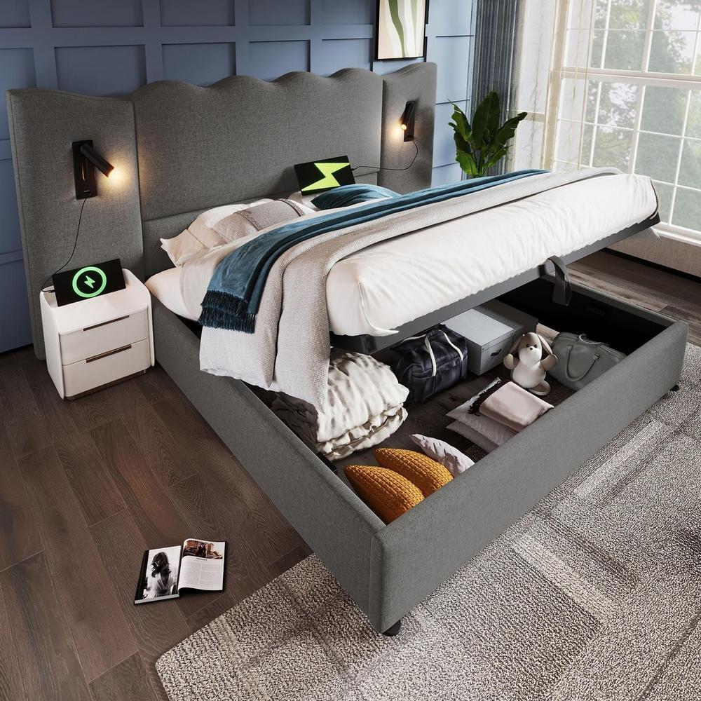 Cama doble metal 180x200cm con LED usb y cabecero con enchufe beige