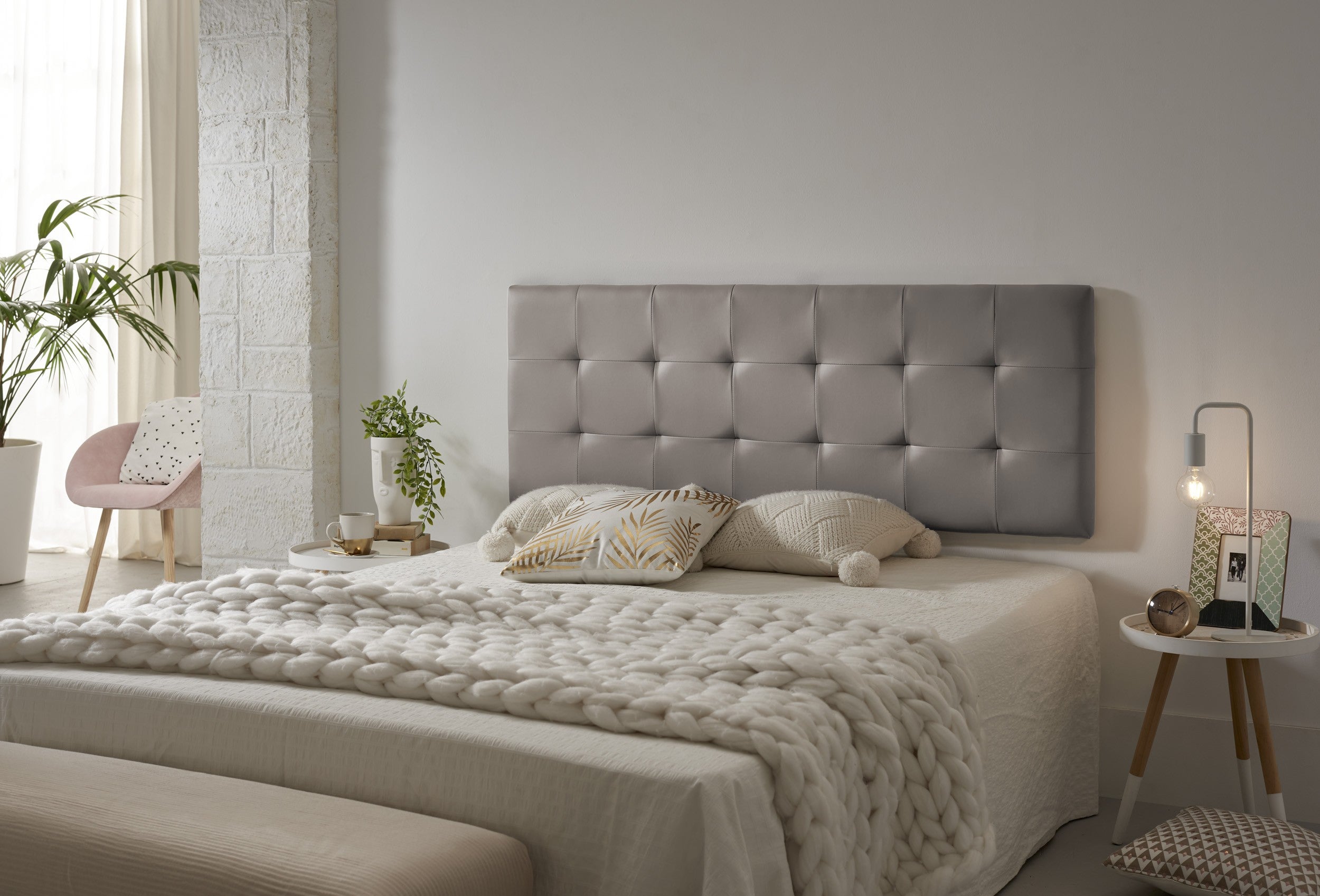 Cabecero 160 capitone cuadros polipiel 162x57x5cm gris