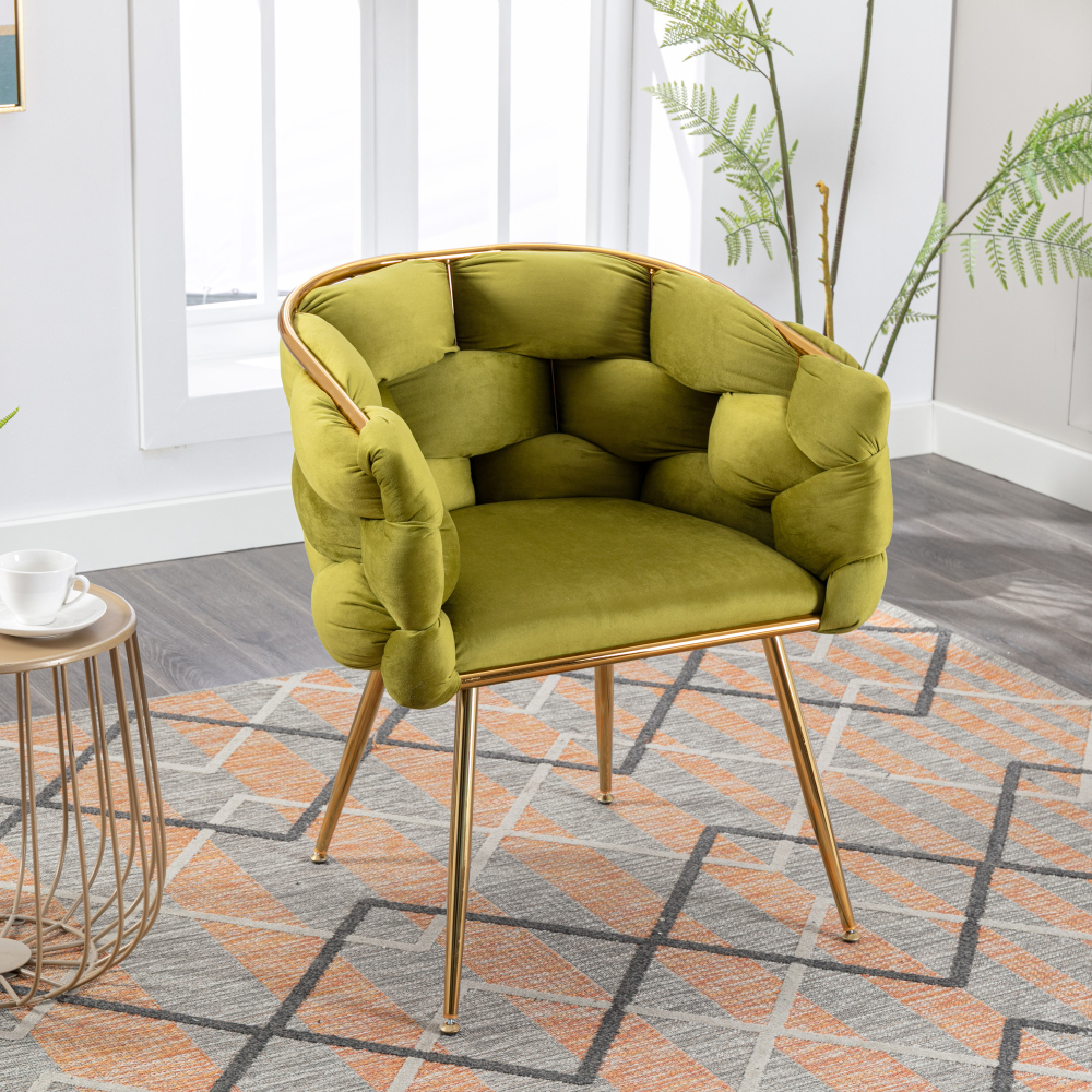 Sillón tocador terciopelo verde oliva con patas doradas