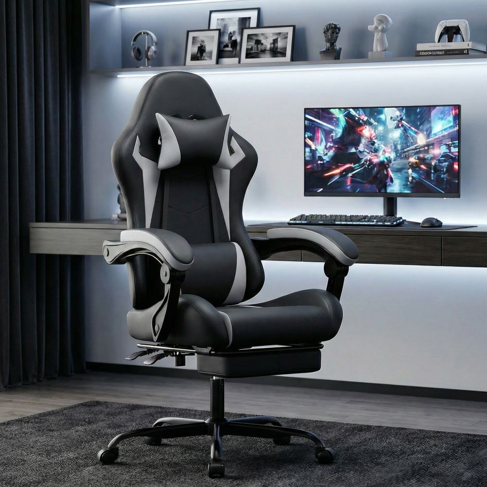 Silla oficina ergonómica PVC negro blanco con reposacabezas