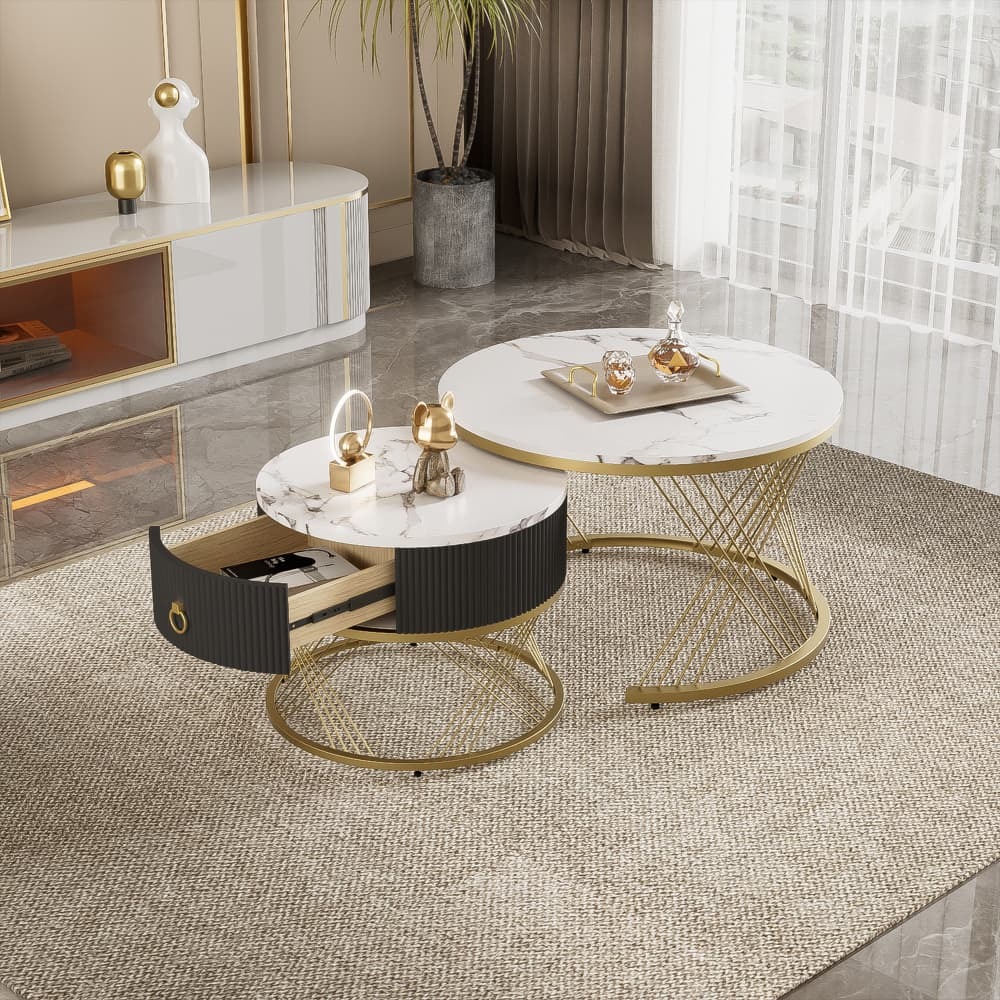 Mesa de centro anidable 2 piezas mdf blanco y dorado 45x70x70cm