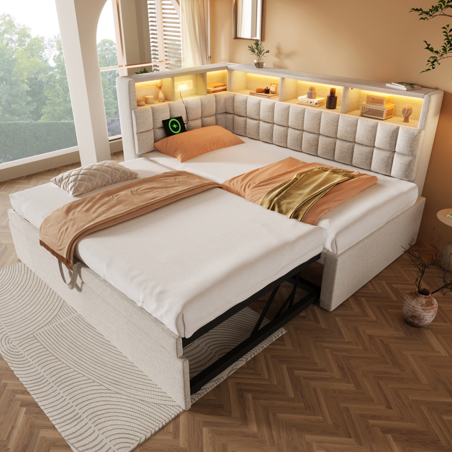 Cama nido 90x200 cm con LED, usb-c, altavoz y almacenaje lino – beige