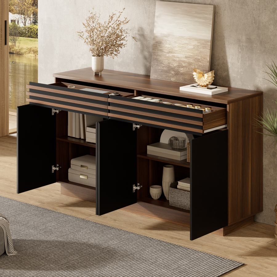 Aparador salón comedor cocina 4 puertas 2 cajones negro/marron 85x150x40cm