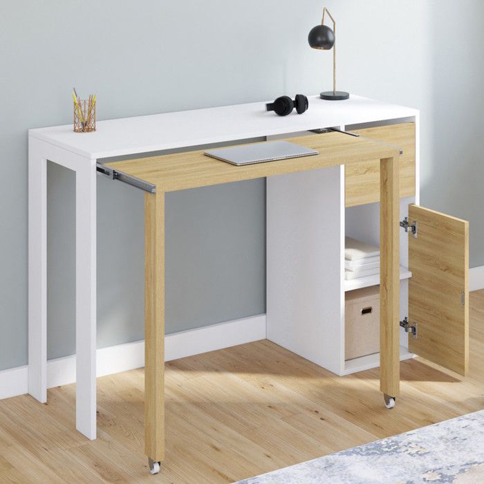 Escritorio extensible blanco y de madera - 110 x 40 x 75 cm