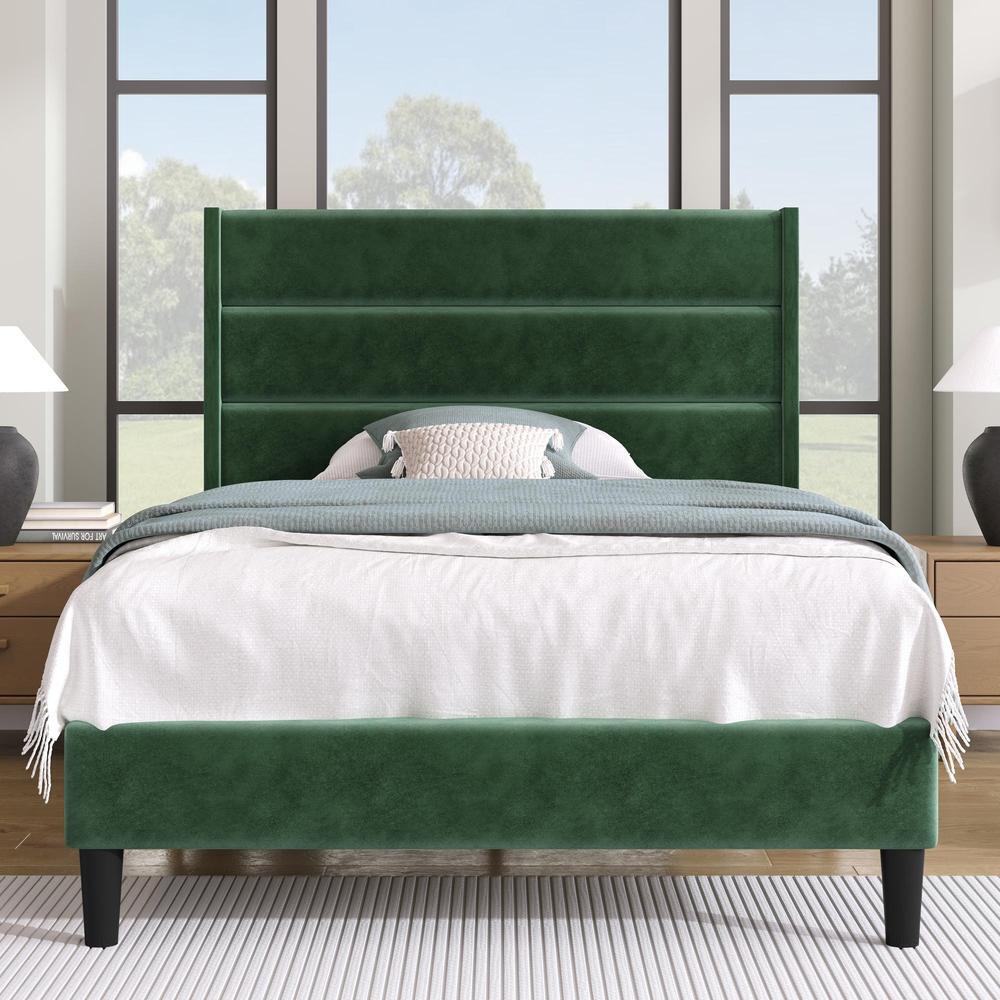Cama tapizada 90x200 cm, con cabecero, tela lino, diseño moderno,verde