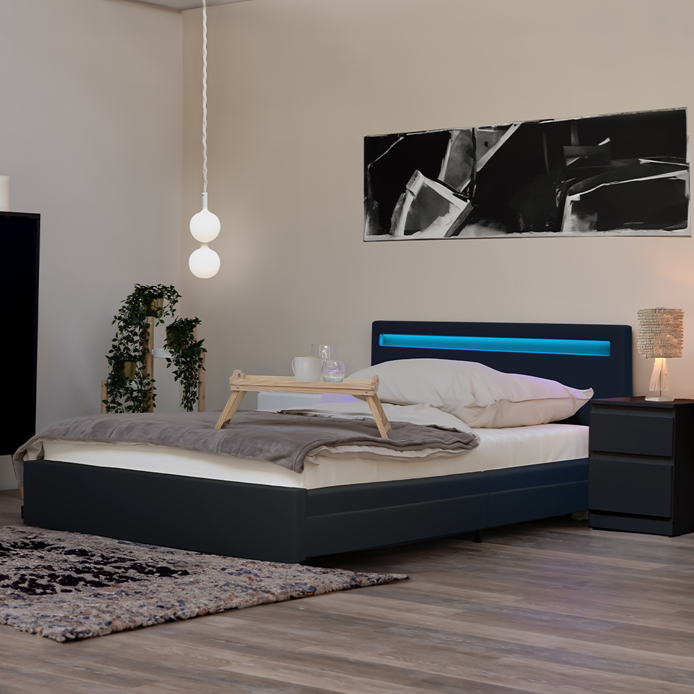 Cama LED con cajones y colchón nube - 140 x 200 cm gris oscuro