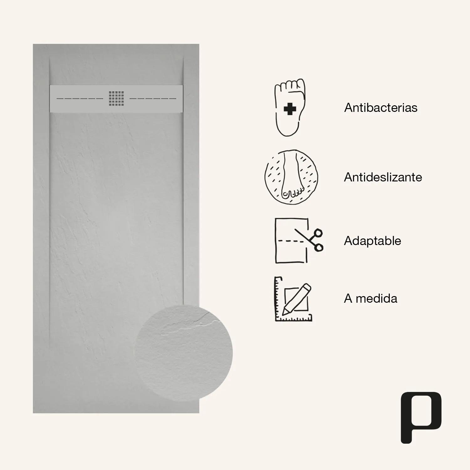 Plato de ducha POALGI - 80x100 cm - Gris - Serie Gneis - Extraplano y  antideslizante C3 - Textura Pizarra