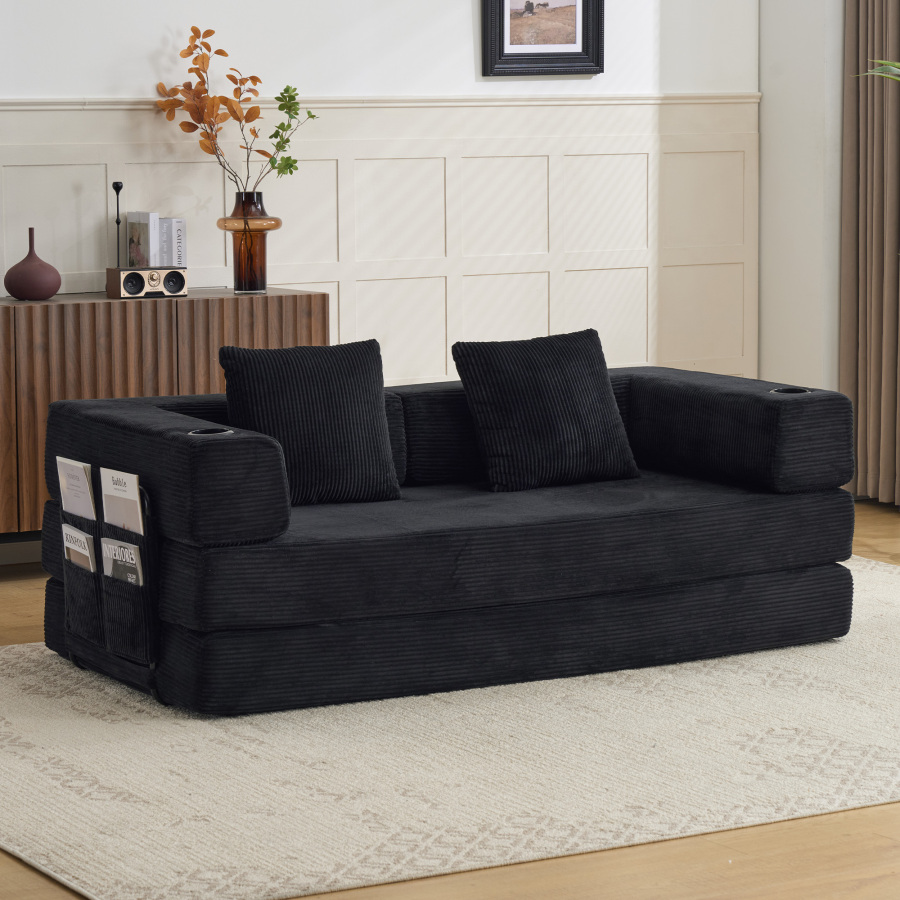 Sofá cama plegable pana negra 2 plazas con portavasos y bolsillos