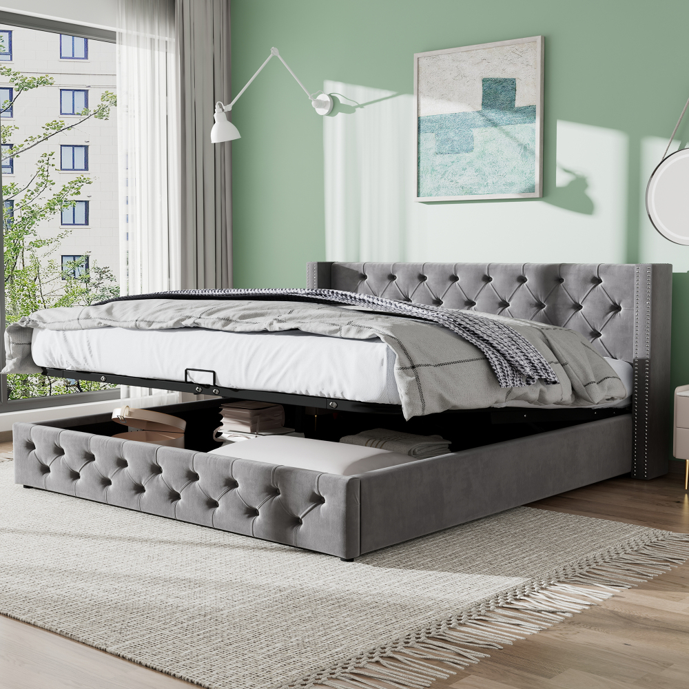 Cama tapizada 140x190 cm con canapé hidráulico terciopelo – color gris